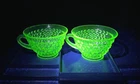 Uranium Depression Glass Hobnail 2 Coffee Tea Cups, Glows Green Under 395nm