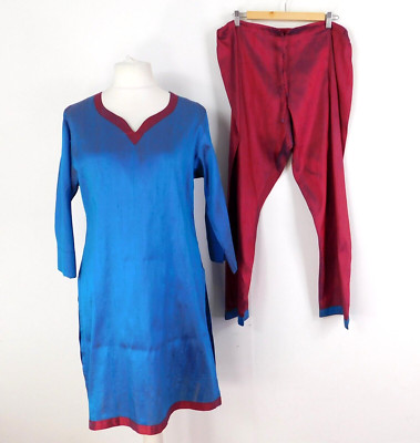 Traditionelles indisches Seidenoutfit Größe 12 Handarbeit rot blau Kurta