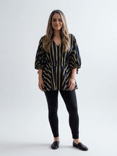 L Jason Wu Navy Tunic with Yellow Stripe Peplum Top Blouse