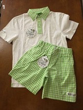 Littlest Golfer polo shirt  shorts Gingham Green And White, Boy Small 5/6 