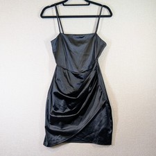 Windsor Black Satin Ruched Faux Wrap Mini Dress Size L Sleeveless Cocktail LBD