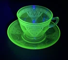VTG Federal Georgian Lovebirds Uranium Glass Teacup Saucer Shelf Decor READ
