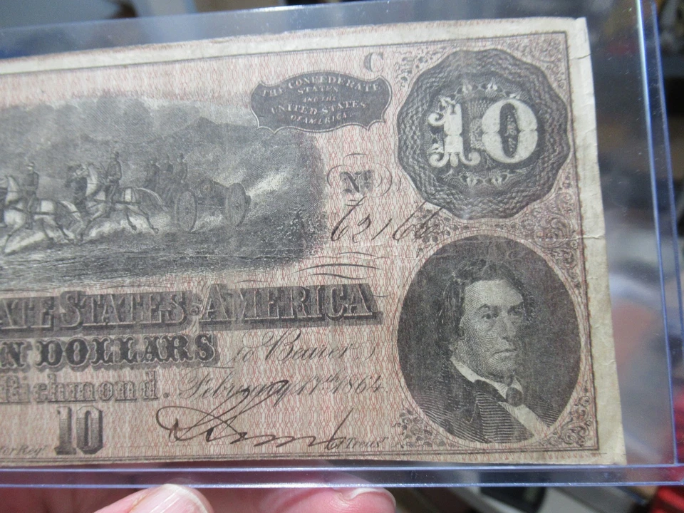 1864 $10 Confederate States CSA Civil War Banknote Richmond Currency S# 6/21/66 - Image 3 of 4