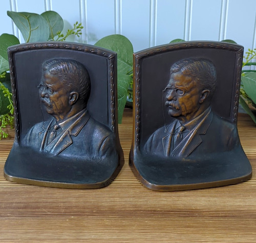 Antique Bronze Theodore Roosevelt Bust 3D Bookends From Around 1920