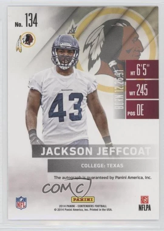 2014 Panini Contenders Jackson Jeffcoat (Helmet Down) #134 Rookie Auto RC - Image 2 of 2