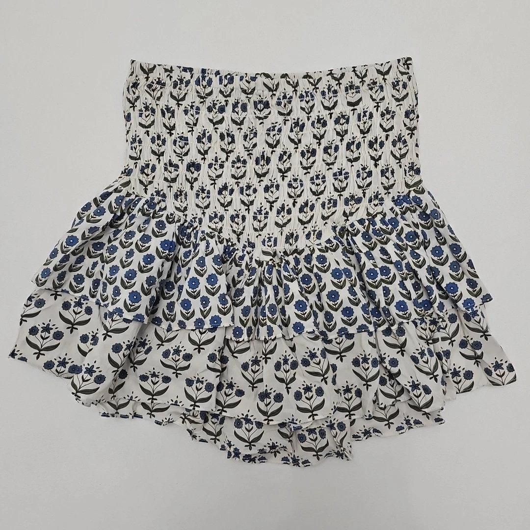 Misa Mini Skirt Blue Cream Tiered Smocked Waist Floral Boho, Womens Medium