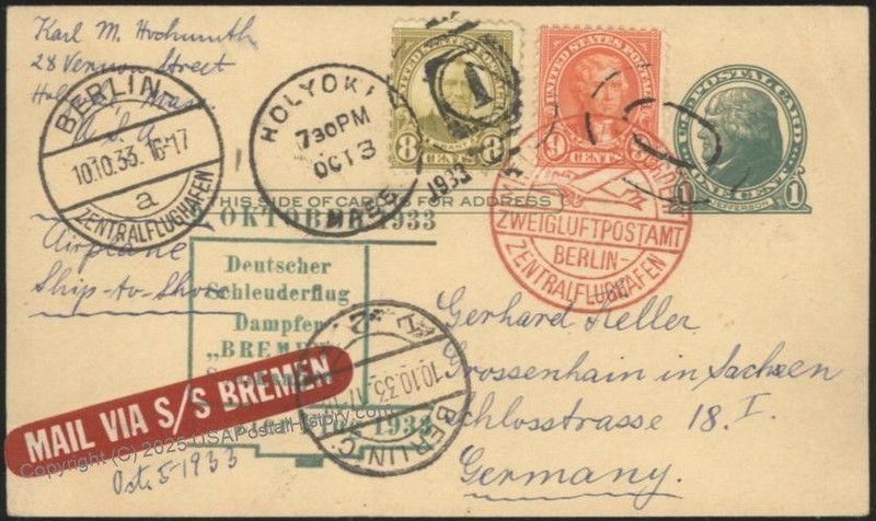 USA 1933 Bremen Schleuderflug Catapult K172 Cover Airmail Germany Holyoke 116206