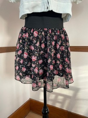 Vintage Y2K Deb Black Pink Floral Mini Skirt Layered Large Goth Indie Sleaze Emo