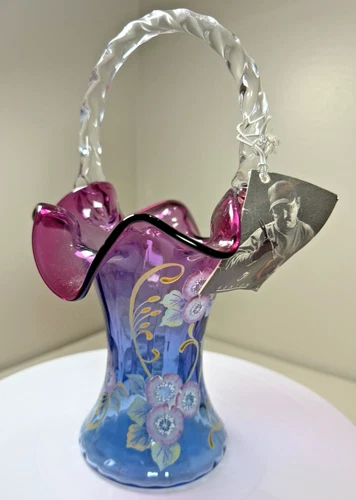 Fenton Mulberry Glass Basket 2000 Connoisseur Collection 'Plum Blossoms' Vintage