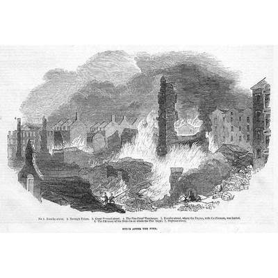 LIVERPOOL Ruinen nach dem Brand; Formby St, The Prison, Neptune St-Old Print 1842