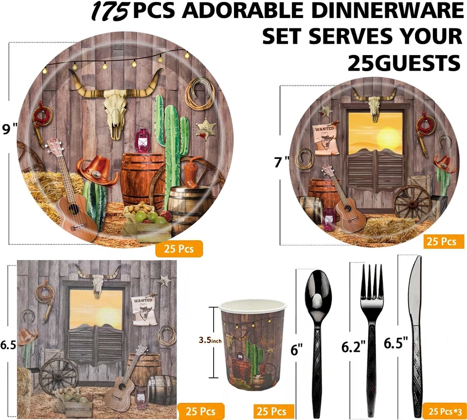 175 piezas de suministros de fiesta de vaquero del oeste platos de papel de vaquero de 9" platos del salvaje oeste... Foto 3 de 4