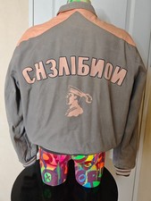 RARE BOMBER VINTAGE CHEVIGNON EN COTON GRIS ET CUIR SAUMON , TAILLE L/XL