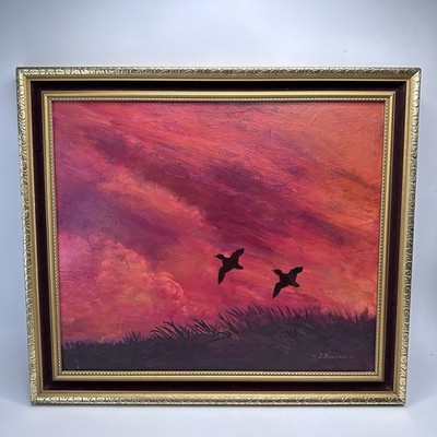 Signiert L Schwarzmann Original Ölgemälde Sonnenuntergang Vögel Landschaft gerahmt Kunst 44 cm