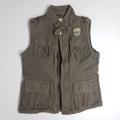 Mrs Pepper Utility Cargo Vest Women L Olive Green Cotton Pockets Studded Vtg Y2K