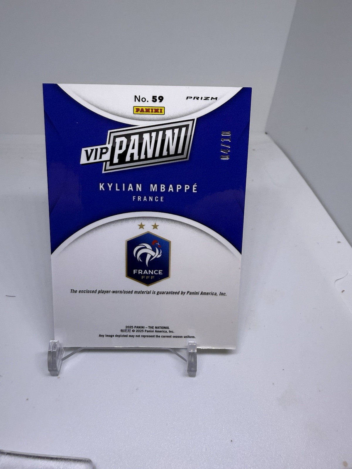 KYLIAN MBAPPE 2025 PANINI THE NATIONAL VIP PATCH GOLD PRIZM 10 Q2989 G2U view 4