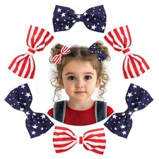 6Pcs Patriotic Bow Hair Clips Red Blue Star and Stripe Hair Barrettes 4th of ...