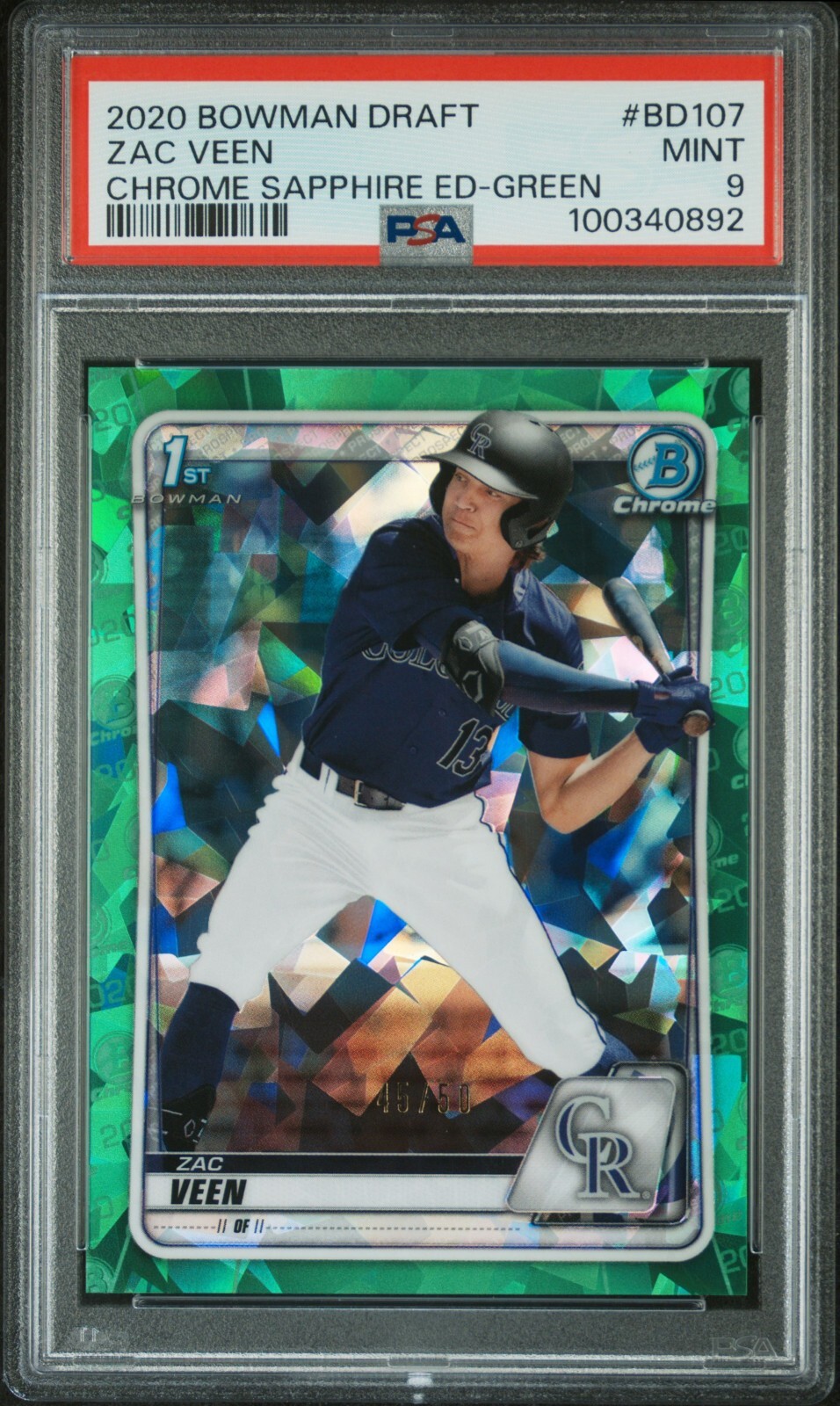 PSA 9 - 2020 Bowman Draft Sapphire ZAC VEEN 1st RC Green Refractor 45/50 #BD107