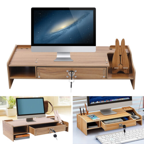 Wood Monitor Riser with Drawer Computer/ Laptop/ PC Stand for Desk Organizer NEW - Afbeelding 1 van 14