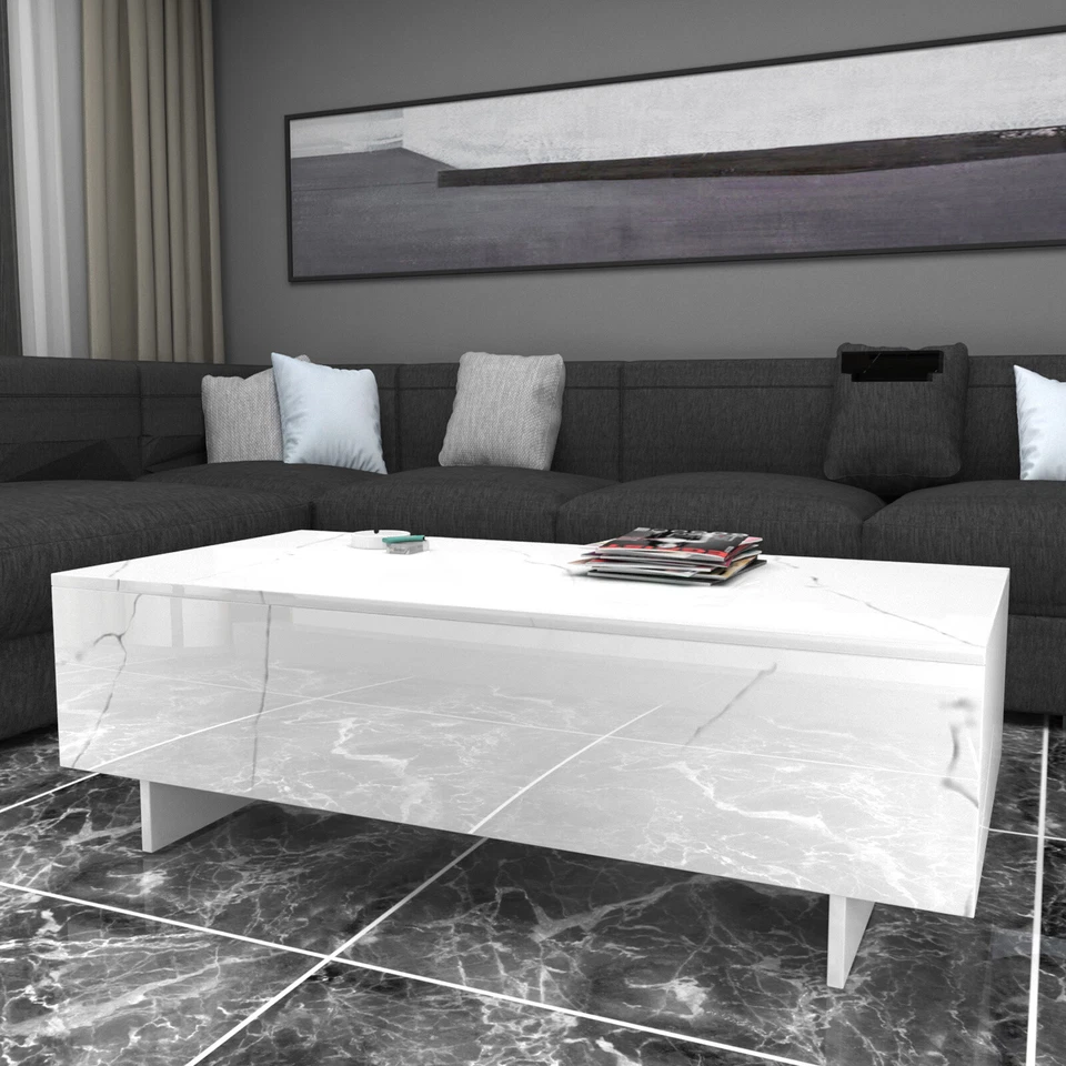 41" Modern White Coffee Table High Gloss Marble Veneer Rectangle Living Room - Image 4 of 4