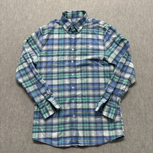 Vineyard Vines Whale Shirt Youth Boys Large 16 Blue Tartan Plaid Stretch Casual