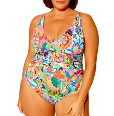 Bleu Rod Beattie L58821 Multi Make It Pop Off-the-Shoulder One Piece Size 22W