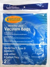 Shop Vac Type D 91964 Bags 4 Gallon High Efficiency Vacuums DeWalt 2 pk