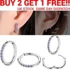 Silver Huggie Earrings Purple Crystal Womens Clicker Hoop Stud Cuff Hoop Piercin