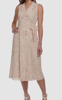 DKNY Women's Beige Printed Chiffon Side-Tie MIDI Dress Size 10