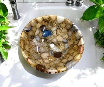 Mix Agate Stone Wash Basin Sink, Agate Stone Round Bathroom Vessel Sink Decor