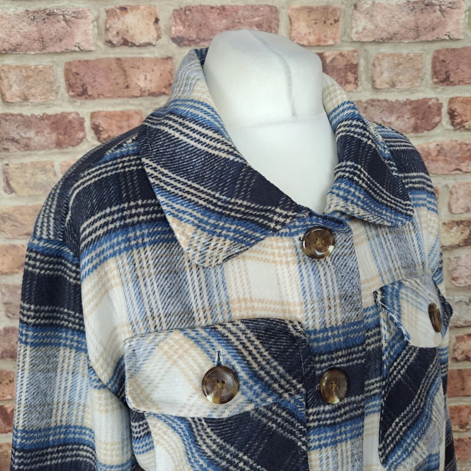 Camisa Kensie Shacket Franela Pesada Mujer Pequeña Suave Azul Crema Cuadros Talla Grande Foto 4 de 4