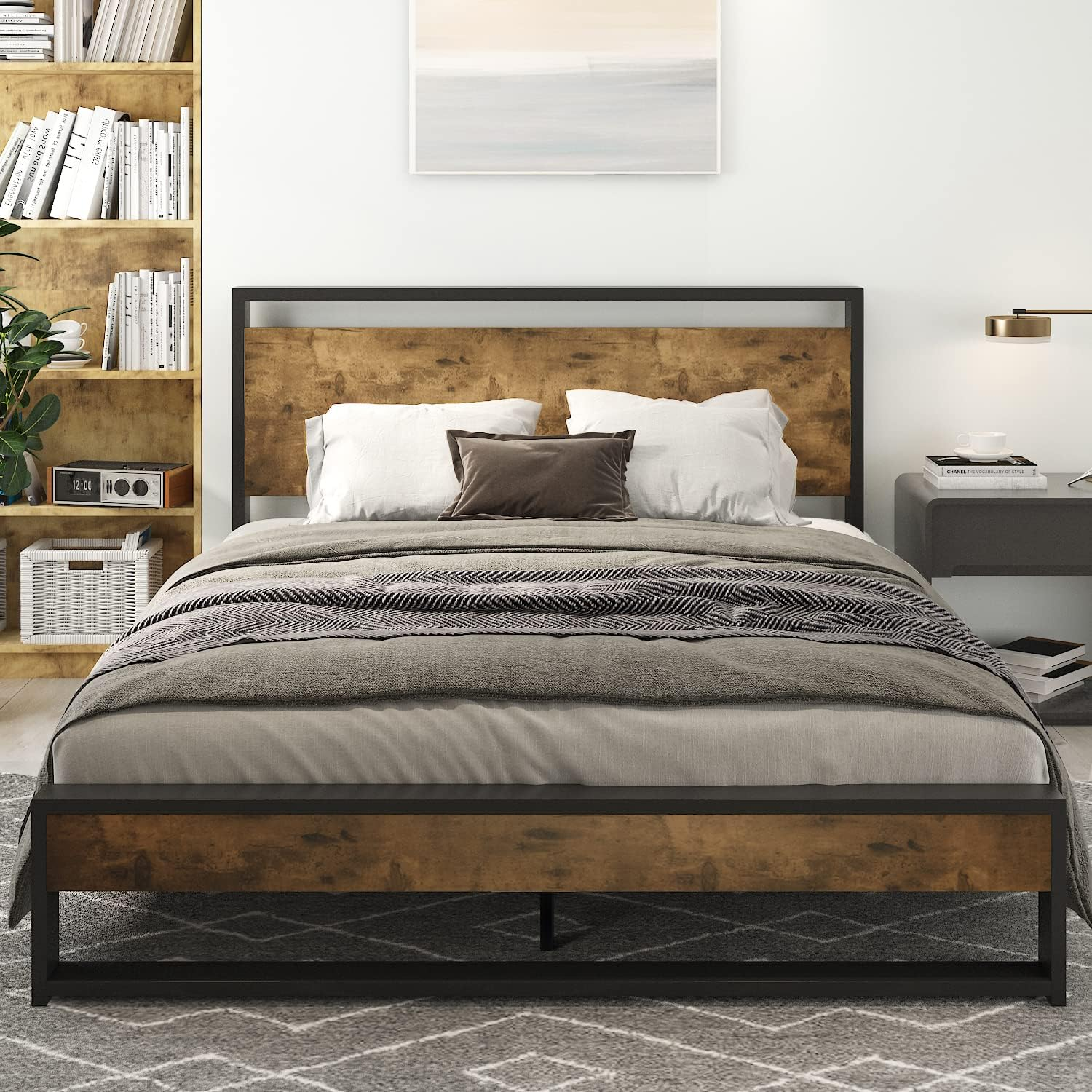 Rustic Queen Bed Frame with Wood Headboard and Heavy Duty Metal Platform-image