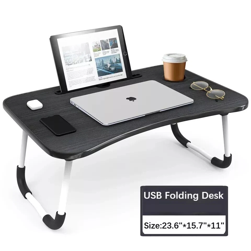 Bandeja para laptop suporte de mesa dobrável mesa de cama notebook bandeja copo slot ajustável - Imagem 2 de 4