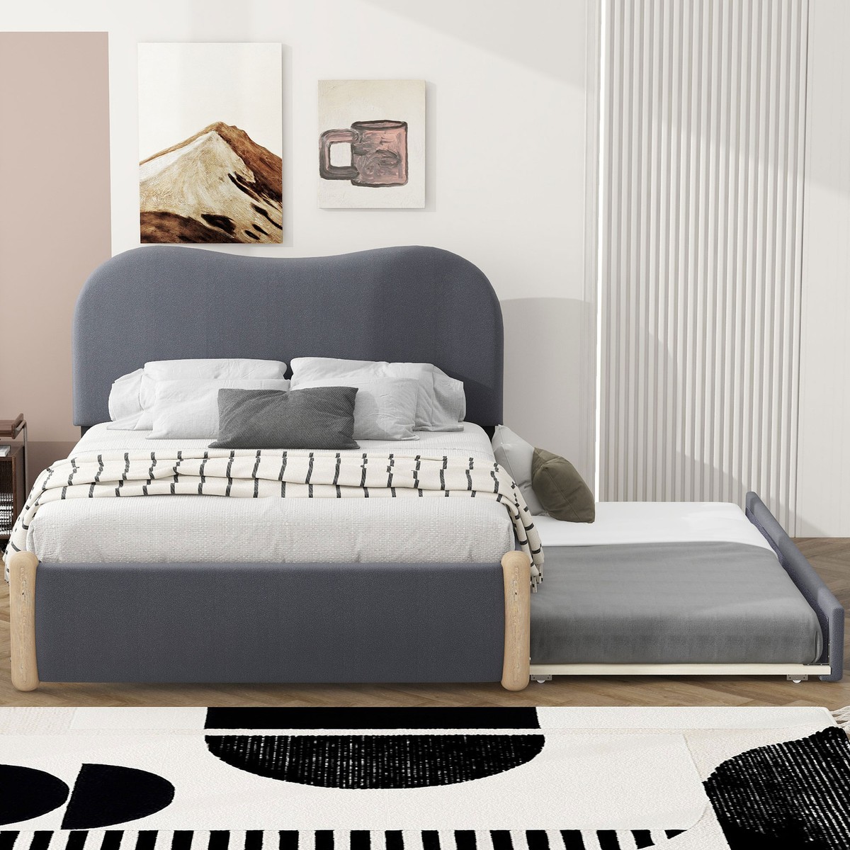 Queen Size Linen Upholstered Platform Bed With Storage – Flip-Up Headboard, Side Racks, Drawers & Trundle