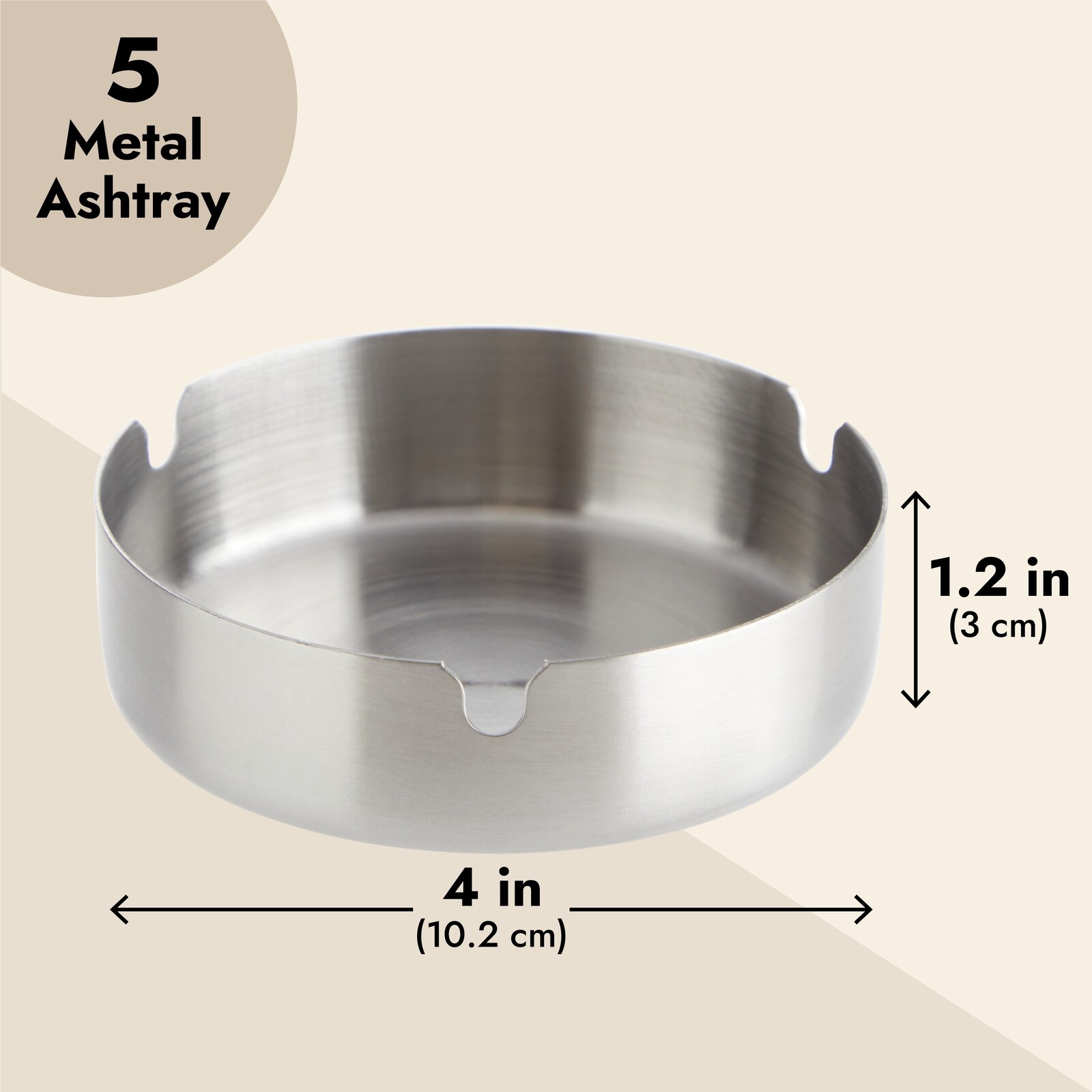 5 Pack Stainless Steel Ashtrays for Cigarettes, Indoor, Outdoor Ashtray, 4x4x1"