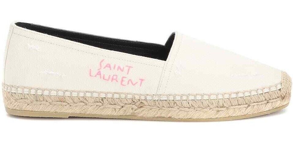 Saint Laurent YSL Panna Tela Rosa Logo Ricamato Punto Espadrilla Piatto 40