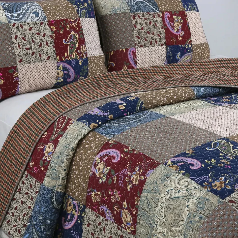 NEW! ~ COZY LODGE LOG CABIN BROWN BLUE PATCHWORK RED BURGUNDY COTTAGE QUILT SET - Image 2 of 4