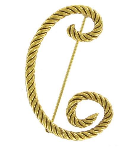 Alphabet Letter Large Script Gold Tone Rope Initial "C" Pin Brooch 2 1/2"