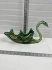 Vintage Murano Mid Century Large 13" Width Art Glass Vase Swirl Green Swan Dish