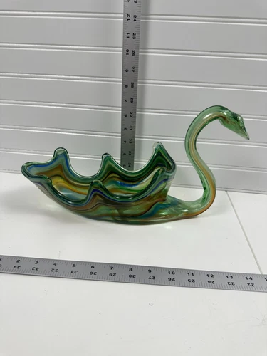 Vintage Murano Mid Century Large 13" Width Art Glass Vase Swirl Green Swan Dish