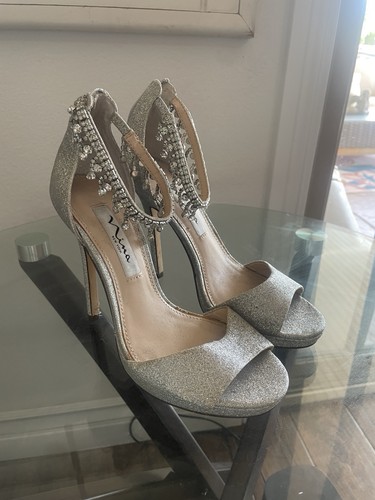 Nina Women’s Silver Glitter Rhinestone Ankle Strap Strappy Stiletto Heels