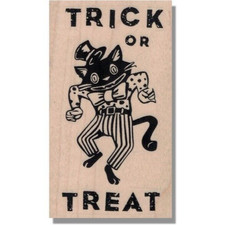 Mounted Rubber Stamp, DANCING CAT, Halloween Stamp, Vintage,Trick,Treat, Stripes