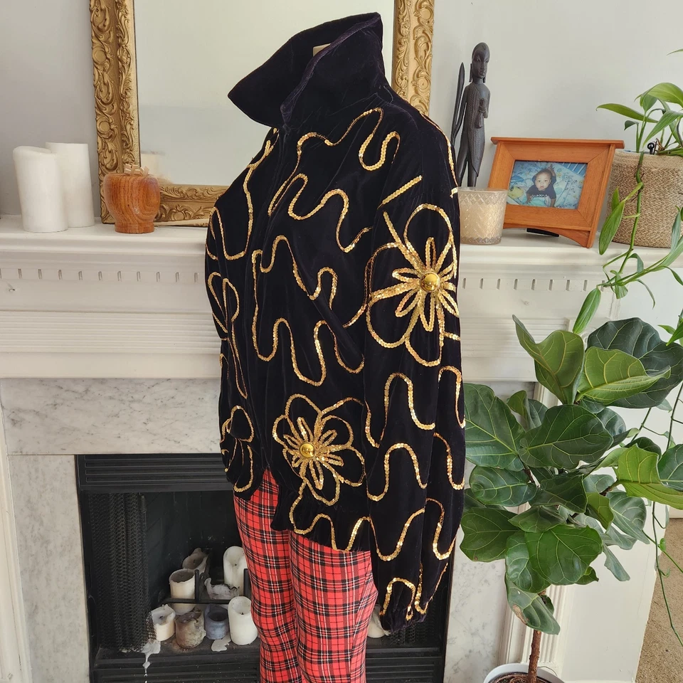Chaqueta De Colección Años 70 Lentejuelas Negra Dorada Talla XL Floral Terciopelo Pista Dolman Mangas Foto 3 de 4