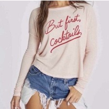 WILDFOX Small Peach Whip But First Cocktails Side Slits Sweatshirt