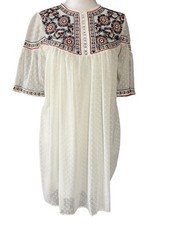 By-es Dress Womens Small White Embroidered Polka Dot Boho Swing Short Chiffon