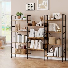 Industrial Bookshelf 4-Tier Triple Wide Rustic Brown Open Storage Display Rack