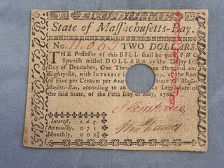 1780 State of Massachusetts Bay $2 Continental Currency Note Redeemed inv# 281
