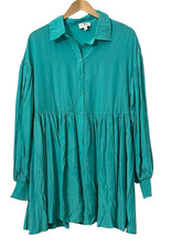 NWT Palms Away S Teal Button Front Mini Dress Long Sleeve Smocked Boho Tunic