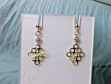 Solid 14K Yellow  White Two-Tone Gold Stud Dangle Earrings Post Filigree Pretty