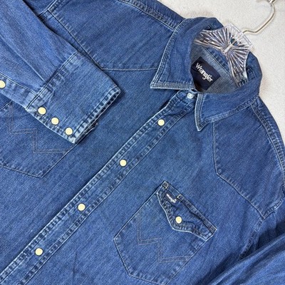 Wrangler Shirt Mens XXL Blue Denim Long Sleeve Western Pearl Snap Casual