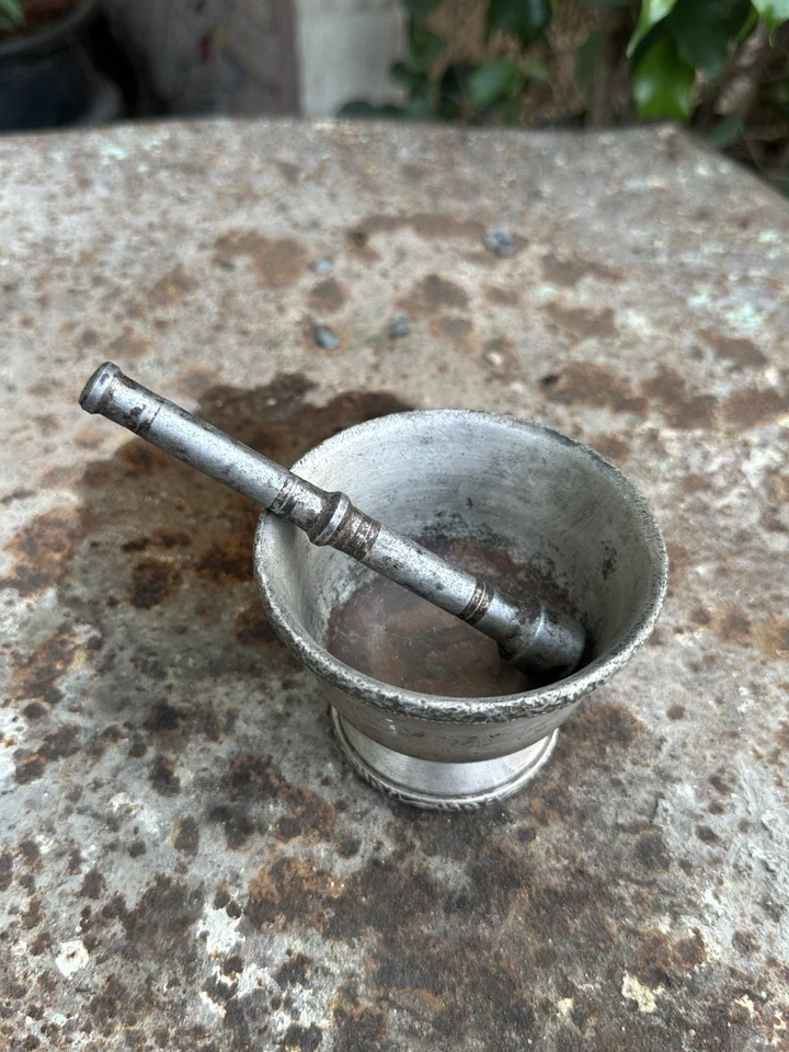 Ancient Old Copper Silver Plated Spices Grinder Mortar Pestle 1890 - Image 2 of 4